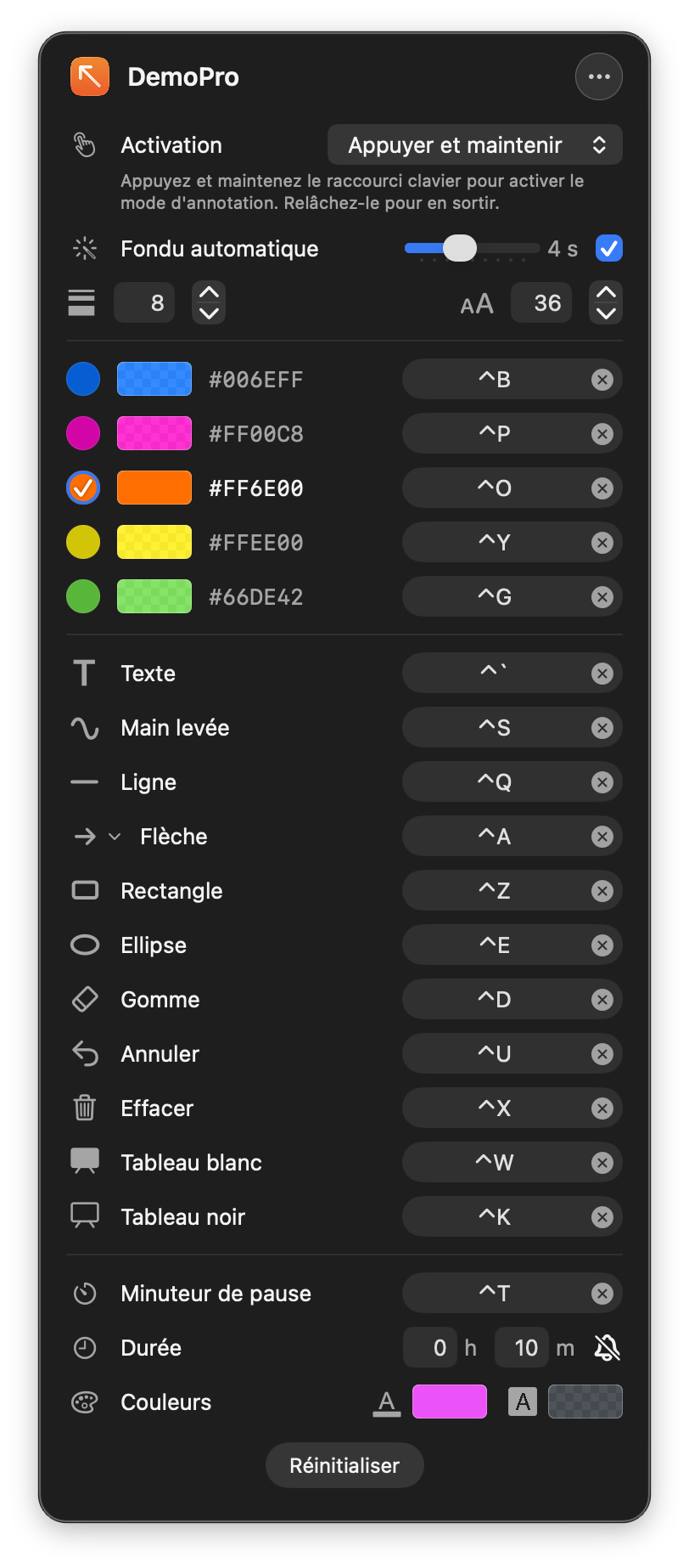 Popover DemoPro dans la barre de menus affichant les raccourcis et les palettes de couleurs