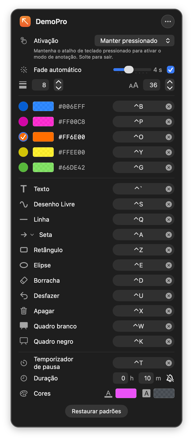 Menu do DemoPro na barra de menus mostrando atalhos de teclado e paletas de cores