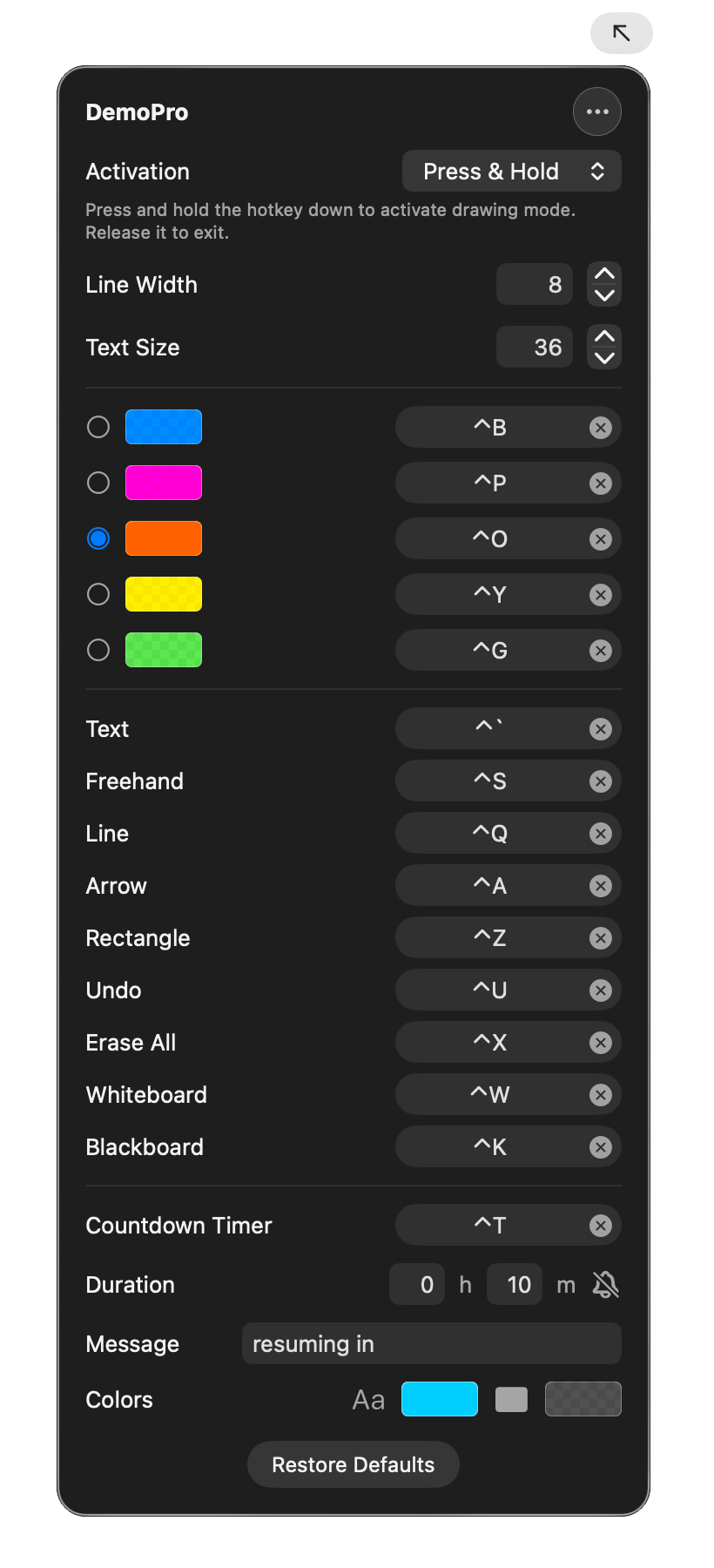 DemoPro menubar popover showing hotkey assignments and color presets