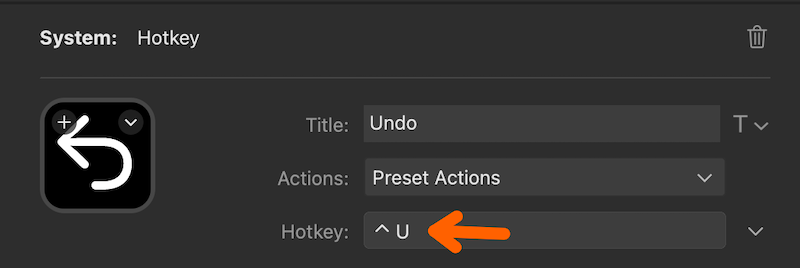 A Stream Deck Hotkey action configured with the title Undo and the hotkey Control-U, matching DemoPro's menu
